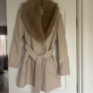 H&M removable fur collar beige jacket with tie